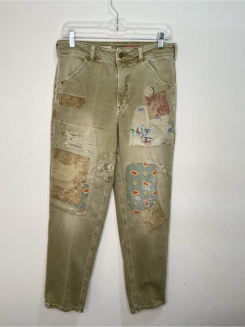 Pilcro The Wanderer Olive Distressed Boho Patchwork Pants sz28 - Picture 2 of 8